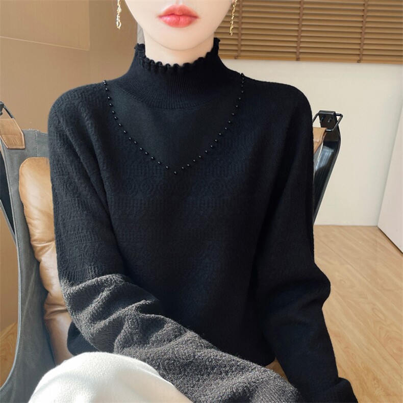 2025年秋季新款百搭女士珍珠心领针织衫,针织衫/毛衣,百色羊绒