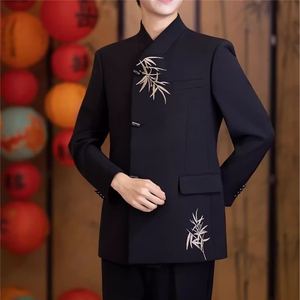 大码春秋中山装立领刺绣西服新中式休闲西装男外套便服上衣-XY330图片