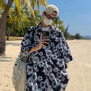 泰式花衬衫男短袖夏季冰丝海边夏威夷潮流大码休闲七分袖防晒衬衣图片