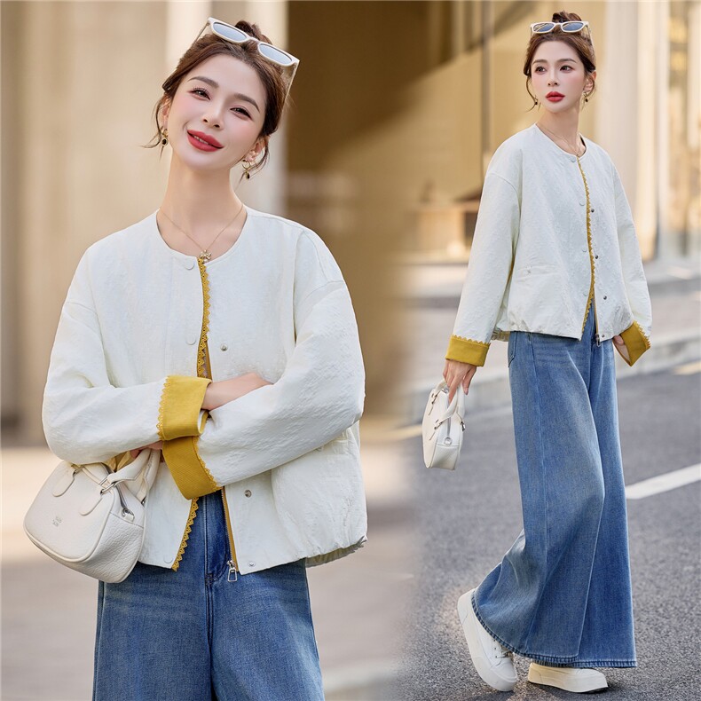 2026春秋撞色花边短外套女圆领提花宽松洋气中年妈妈休闲夹克上衣,女装短外套,余墨