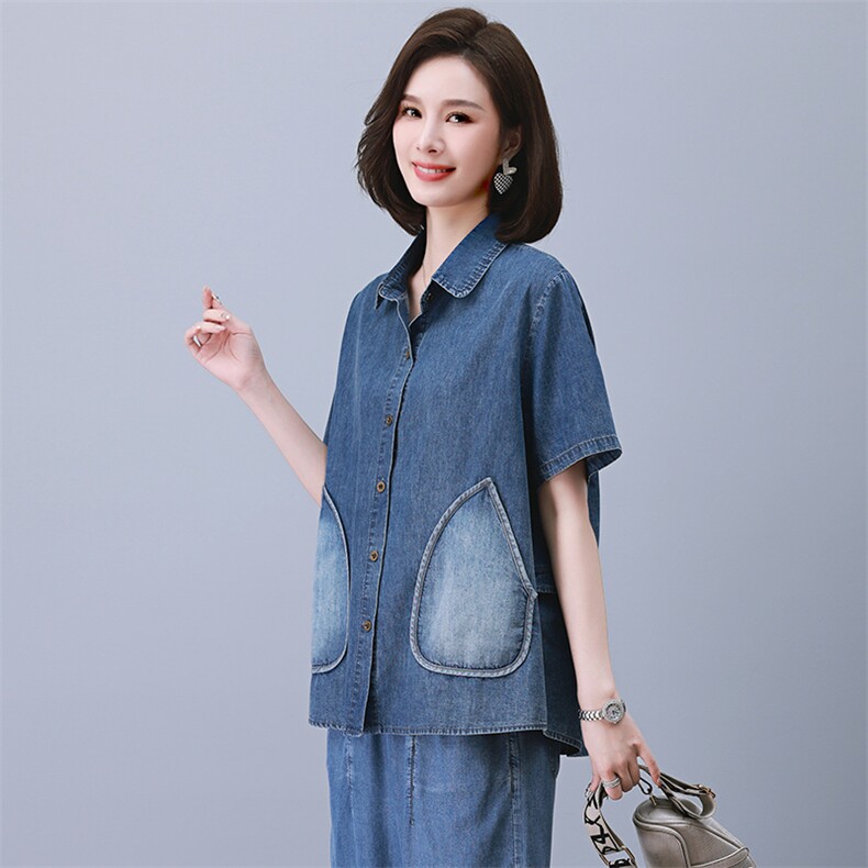 2023夏季新款时尚气质翻领显瘦休闲舒适牛仔上衣,女装衬衫,独衣靓