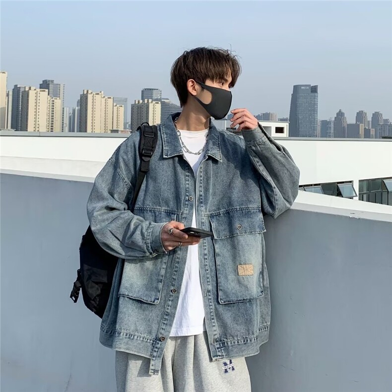 新款复古翻领水洗做旧牛仔夹克休闲宽松落肩男生外套,男装夹克,星座410-7