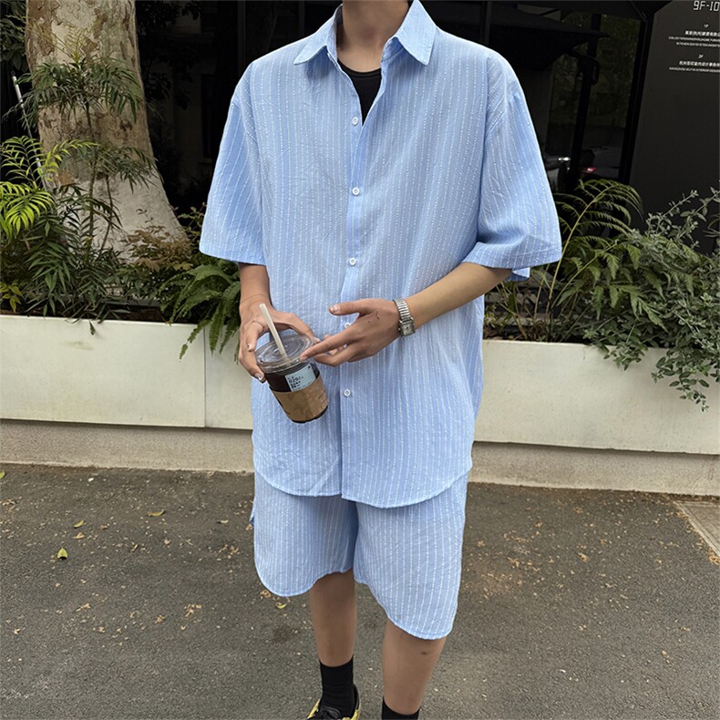 时尚套装男慵懒风条纹蓝色短裤长袖衬衫套装潮流时尚套装特P55,男装牛仔裤,电商B319