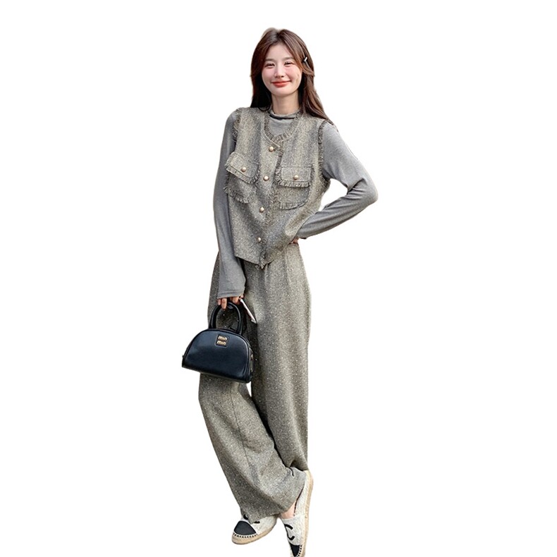 灰色小香风三件套女2025春新款名媛轻奢烫钻马甲打底衫气质阔腿裤,女装套装/套裙,2C272