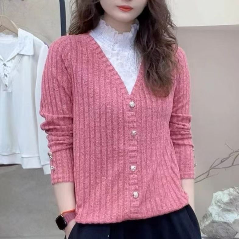 春季新款T恤蕾丝拼接高领时尚休闲洋气百搭长袖女假两件上衣,针织衫/毛衣,思沃羊绒