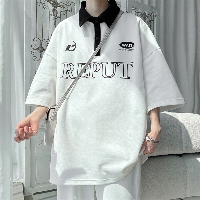 2025夏季美式撞色半袖Polo衫男翻领短袖字母印花打底T恤T123-P45图片
