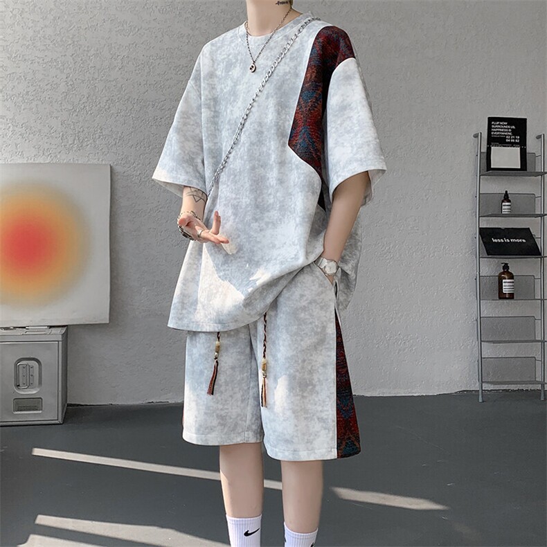 8XL-M民族风潮拼接休闲运动套装男夏季学生短袖短裤TZ38001P60，男装休闲套装，电商B312