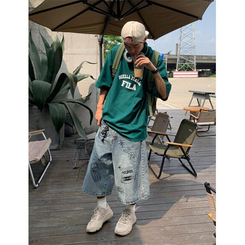 夏季美式复古涂鸦七分牛仔裤街头潮流高腰阔腿短裤NK992,男装牛仔裤,星座1116A（原606A-3）
