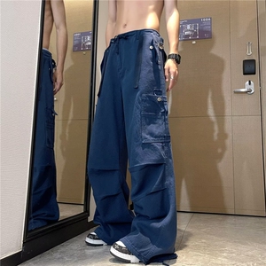美式机能复古拖地工装裤男女夏季薄款潮流嘻哈阔腿束脚垂坠感图片