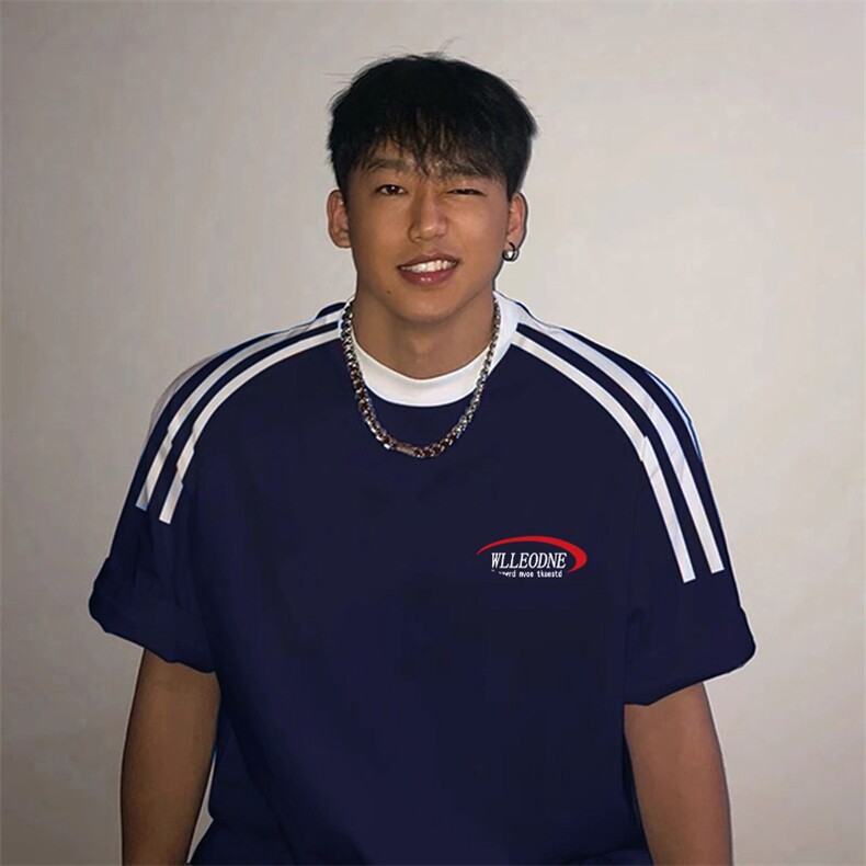 夏季美式高街重磅纯棉三条杠织带撞色男女短袖T恤ZD366-特P30图片