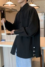 秋季ins港风纯色基础款排扣开叉长袖衬衫慵懒休闲衬衣W1783-P34，男装衬衫，星座512-4
