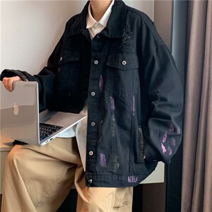 涂鸦牛仔外套男春秋潮牌夹克破洞痞帅炸街休闲ins高街JK3001-P65,牛仔裤搭配九分女生图片