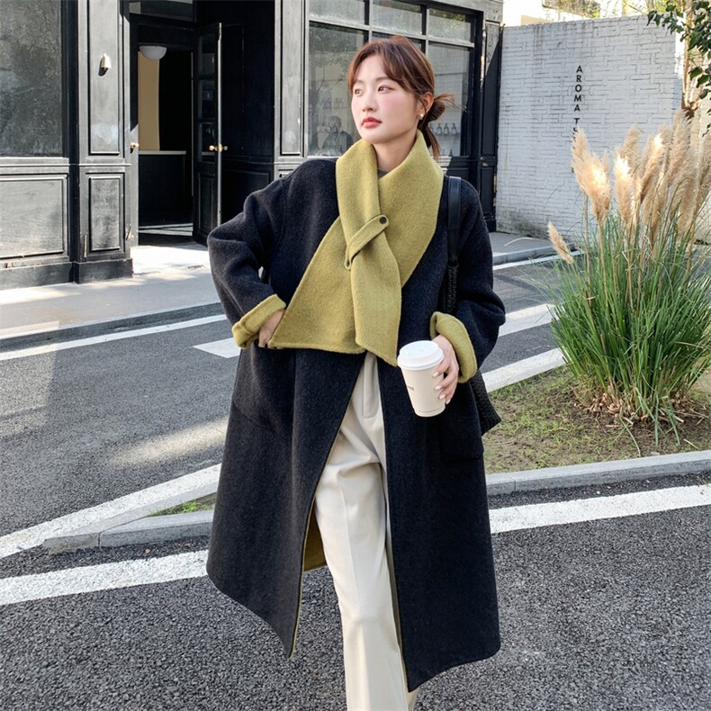 围脖式保暖双面呢羊毛黑色大衣外套女冬季2025新款爆款高级感超火,女装毛呢外套,2C095