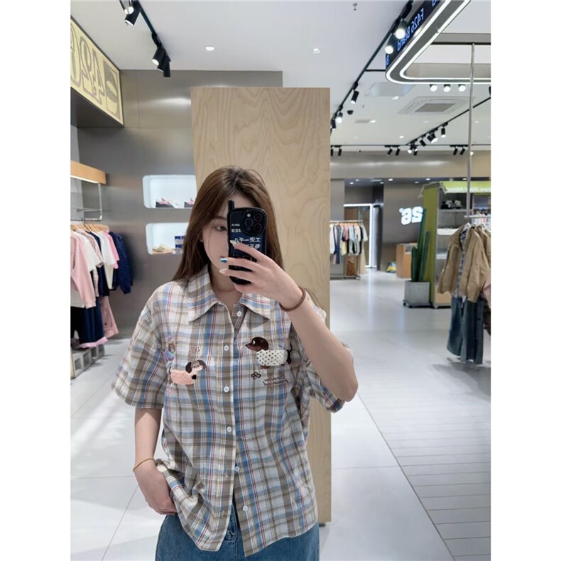 夏季新款美式趣味小狗毛巾绣格子短袖衬衫女宽松休闲衬衣独特上衣,男装T恤,星座506A