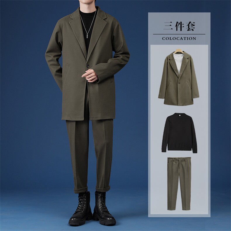 秋冬新款毛呢男士轻熟风学院风三件套潮牌港风韩版潮流毛呢套装，男装西服套装，星座505-2（原电商A260-1)