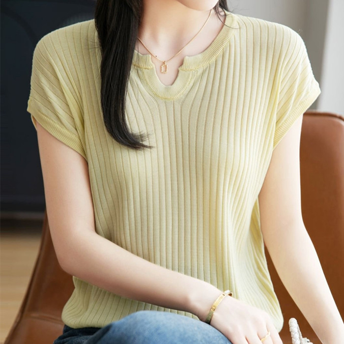 2025年新款春夏短袖女修身显瘦U领针织t恤背心外穿上衣,女装T恤,晨旭羊绒