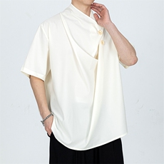 2025春夏新款新中式现货黑白斜领T恤衬衫A021-CS29-P60，男装T恤，电商A021
