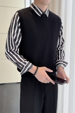 秋冬季假两件针织衫毛衣男修身条纹衬衫领拼接上衣B261-M05-P85，男装针织衫/毛衣，电商D323（原B261）