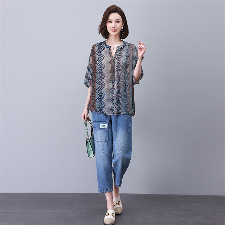 时尚休闲印花镶钻套装宽松显瘦牛仔裤两件套,女装套装/套裙,叶笙衣
