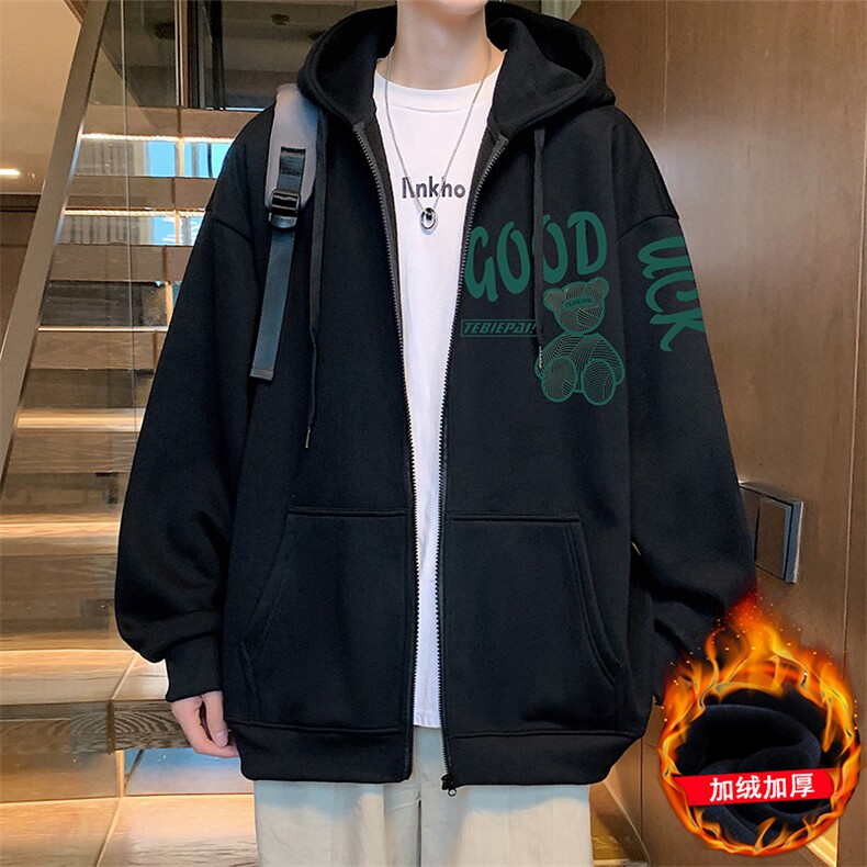 H190P70加绒75港风含棉66%小熊拉链开衫卫衣宽松休闲连帽外套,男装卫衣,星座304A-1