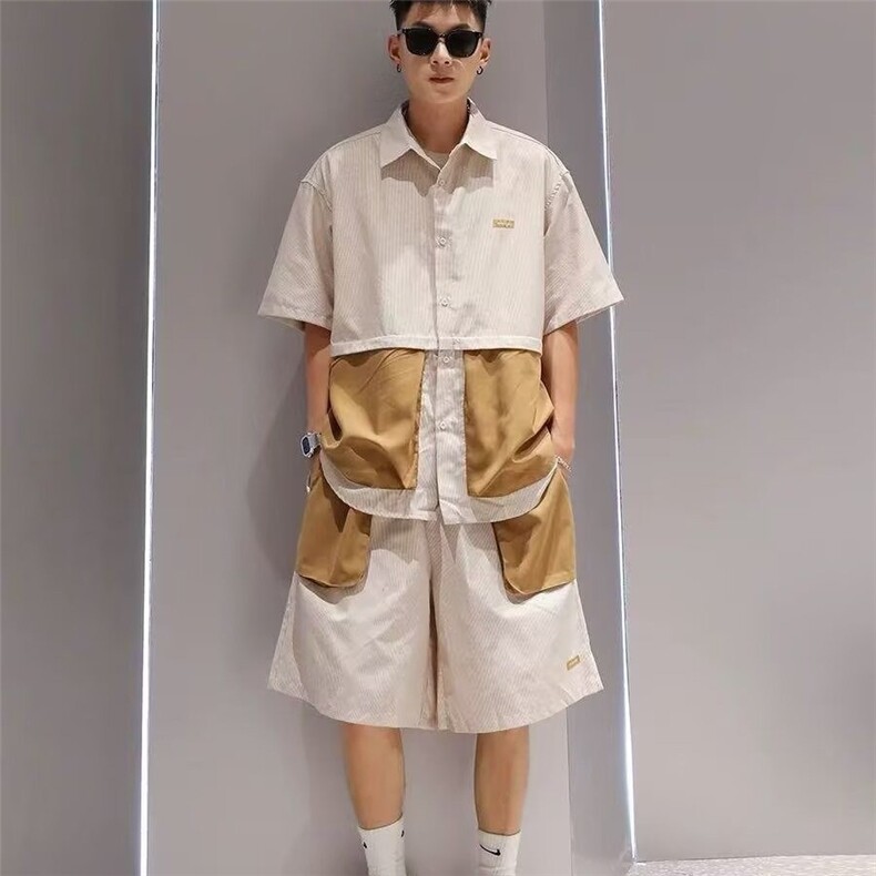 原创拼色假两件潮流套装夏季男款大口袋设计感短袖衬衫撞色短裤，男装休闲套装，星座506A