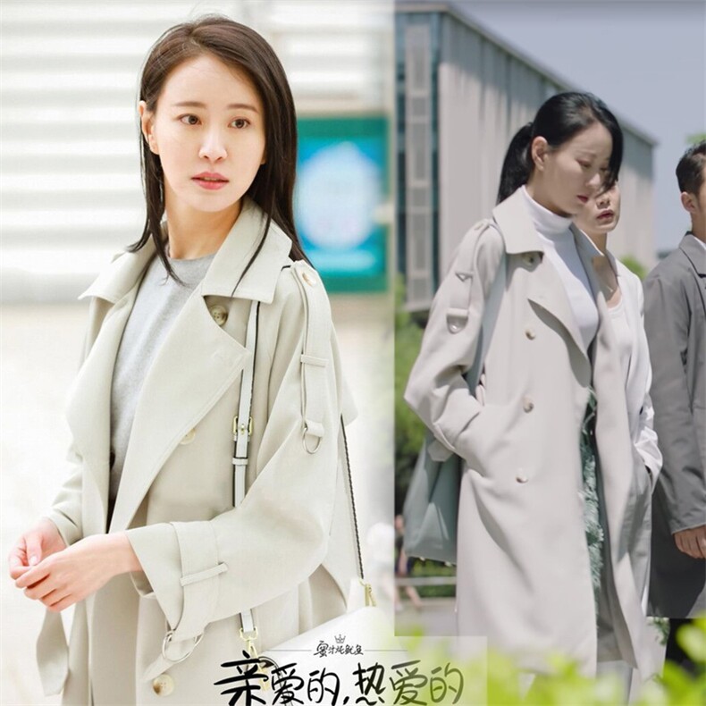 2025秋装新品双排扣中长款风衣韩版宽松系带明星同款宽松外套，女装风衣，红依娜