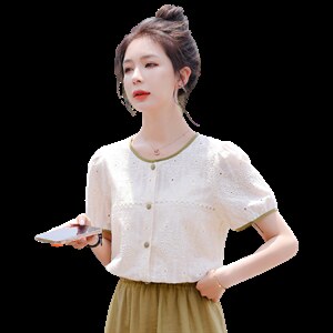 衬衫女夏2025夏季高级感气质减龄显瘦花边撞色短袖上衣图片