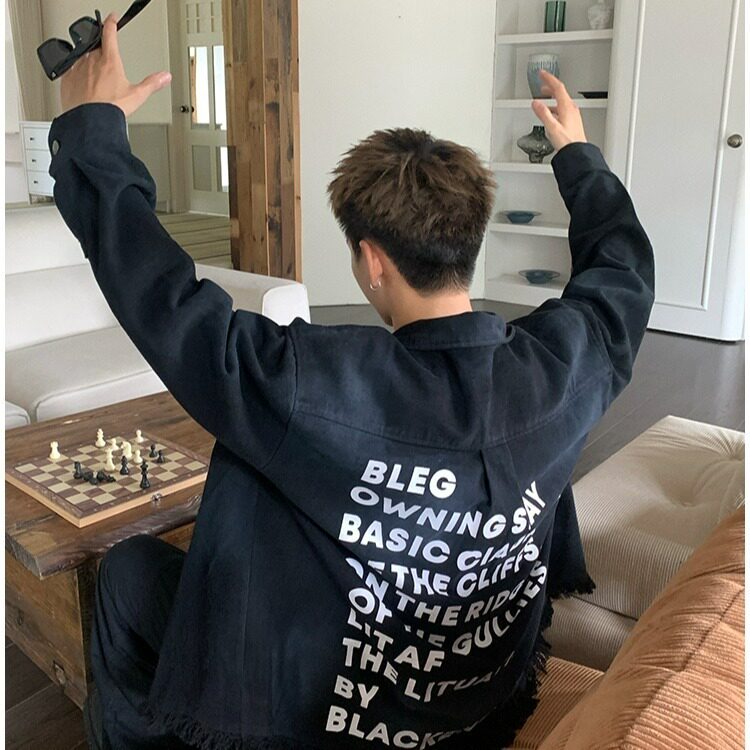 美式休闲后背字母牛仔外套男女款流苏毛边情侣装夹克HH2262P65,男装工装外套,星座1013-5