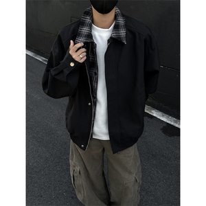 巴恩风格纹翻领棉服复古美式宽松假两件夹克痞帅外套-JK610JM图片