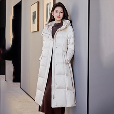 90鸭绒连帽羽绒服女2025冬季新款系带收腰加长款过膝棉袄外套，女装羽绒服，阿舍尔精品