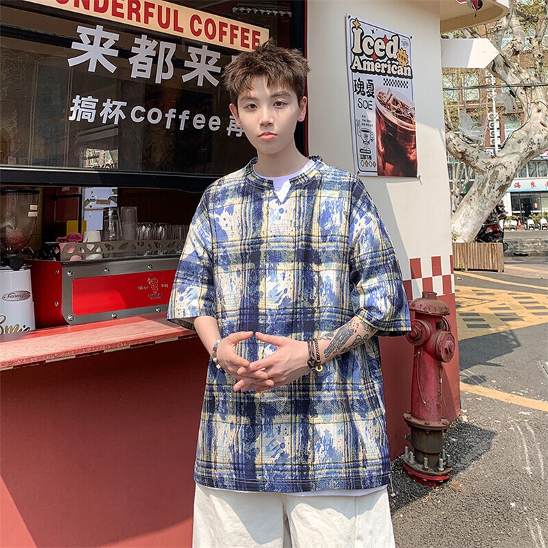 2026夏装美式扎染印花冰丝冰凉格子男五分袖T恤T5508/特P25蓝3,男装T恤,电商A094