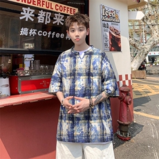 2026夏装美式扎染印花冰丝冰凉格子男五分袖T恤T5508/特P25蓝3，男装T恤，电商A094