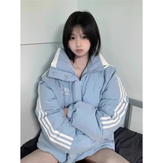 韩系蓝色棉服女2025年新款冬季宽松三条杠羽绒服加厚保暖外套棉袄，男装羽绒服，星座506A