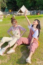 甜美粉色工装背带裤套装女春夏2025新款小个子韩版宽松休闲直筒裤，女装裤子，淑塔可可