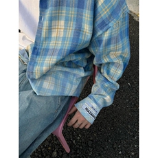 蓝色格子衬衫男女长袖同款情侣宽松2026夏ins休闲衬衣CY1096-P38，男装衬衫，星座412-2