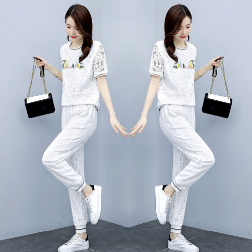 欧货洋气休闲时尚套装女2023年夏装新款蕾丝束脚裤两件套减龄显瘦,女装套装/套裙,梦依杭