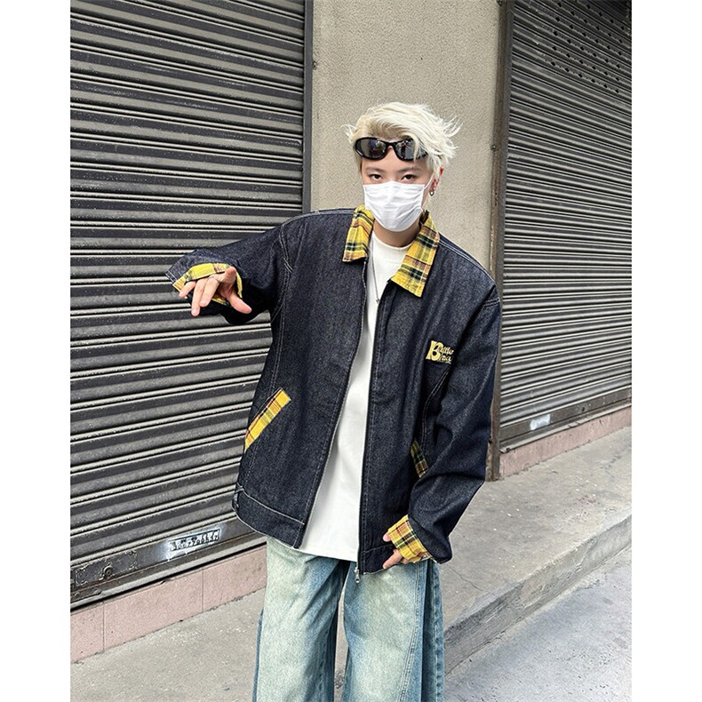 潮牌格子撞色翻领牛仔外套男女刺绣春秋情侣夹克上衣JK08365-P68,男装夹克,星座308B-1