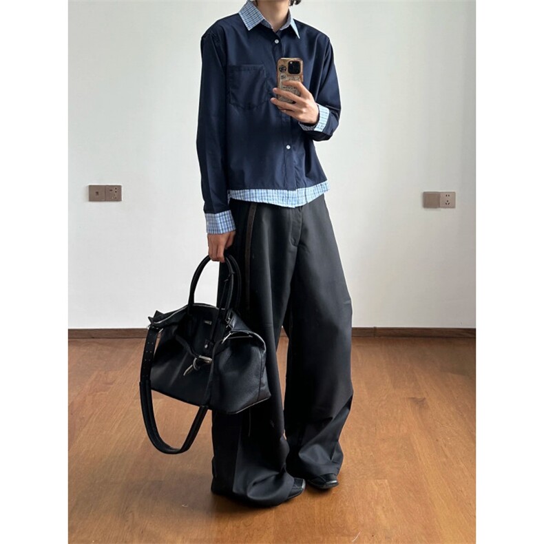 网图+老钱风夏秋miu系拼接格纹cleanfit长袖衬衫W1323/特P42，男装衬衫，电商B350