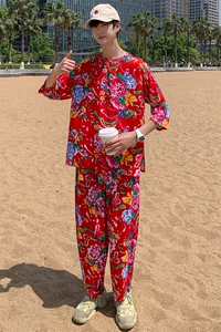 TZ340男士夏季风大花布套装大码宽松凉爽透气民族风个性外套图片