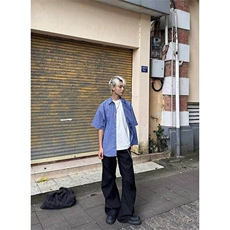 美式蓝色格子短袖衬衫男士夏季衬衣cleanfit休闲上衣LC2177-p40，男装T恤，星座1008