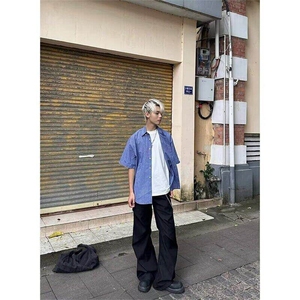 美式蓝色格子短袖衬衫男士夏季衬衣cleanfit休闲上衣LC2177-p40图片