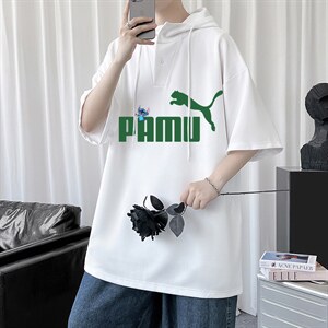 LD54227-P45 连帽短袖t恤男大码胖子带帽五分袖中袖图片