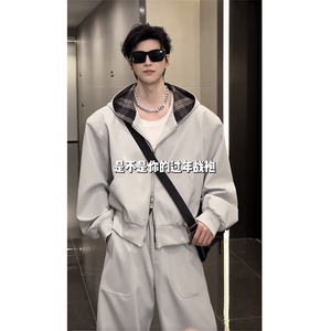 2026春季休闲连帽宽松夹克弯刀长裤套装W368-P128 K368-P78 (网图，男装夹克，电商B267