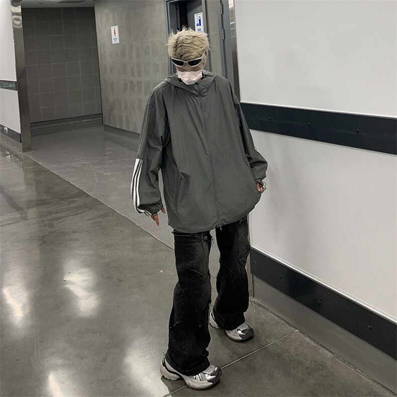 连帽时尚防晒服男夏季新款条纹设计感高街百搭青少年休闲长袖外套,男装防晒衣,星座410-7