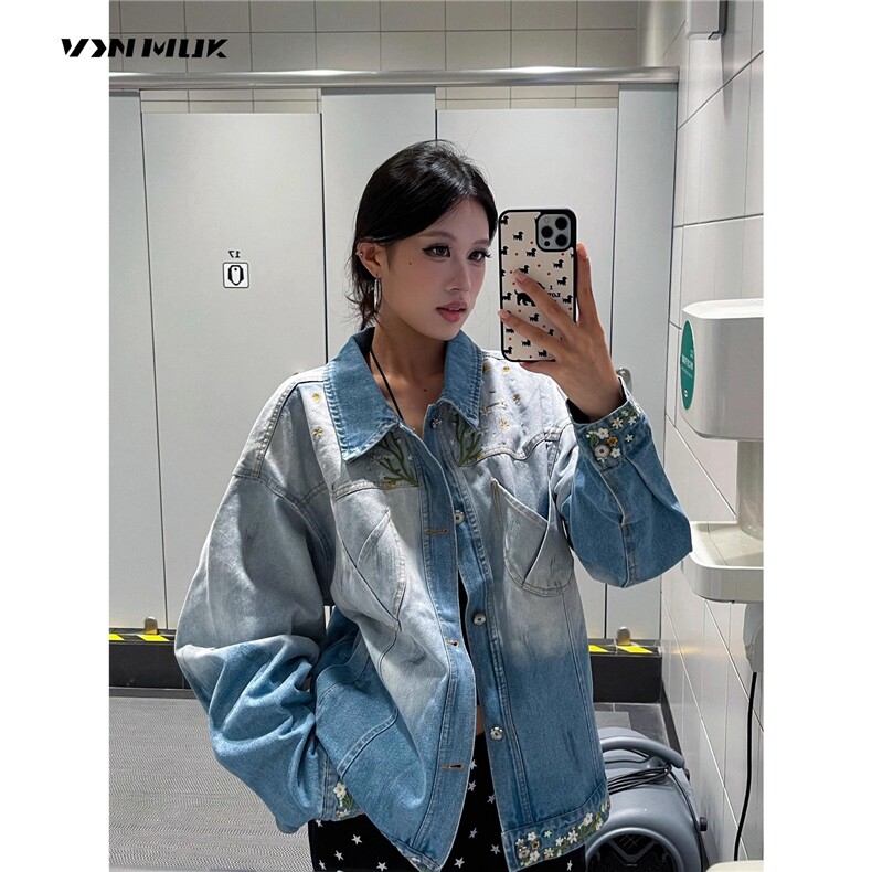 美式秋冬新款花卉潮牌渐变刺绣牛仔夹克外套男女中性风W6874-P70,男装夹克,星座412-3