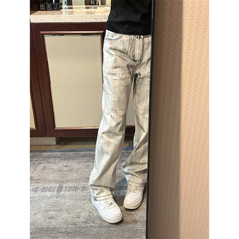 【有货】N1013LL-特P50水墨做旧牛仔裤男白色微喇脏脏裤子,男装牛仔裤,星座1007（原301D）