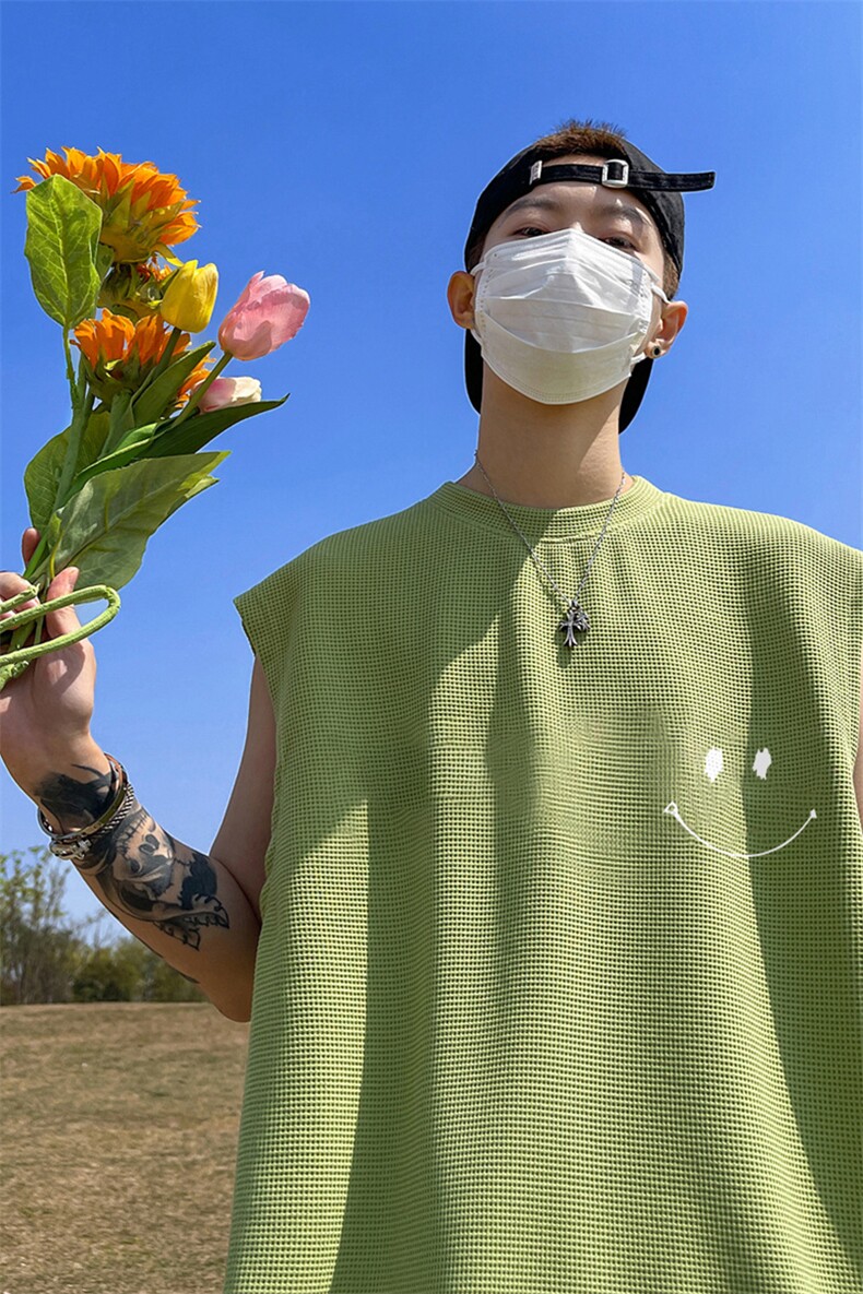 华夫格背心直播高品质重磅220克笑脸印花HB7136-P25控38,男装背心/马甲,星座508（原C305）