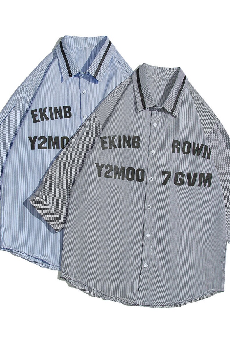 1白底竖条纹大码M-5XL日系潮流情侣七分袖衬衫男QCS7018P45控59,男装衬衫,星座226-2