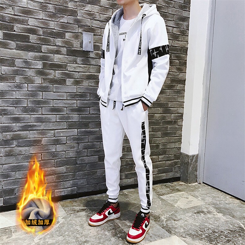 冬季新款加绒加厚卫衣套装青少年连帽开衫两件套男G05P95,男装休闲套装,电商A086