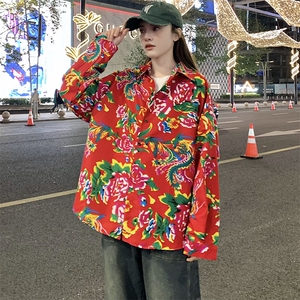 C203情侣大花长袖衬衫男女休闲衬衣新中式汉服团队服表演出宽松潮图片